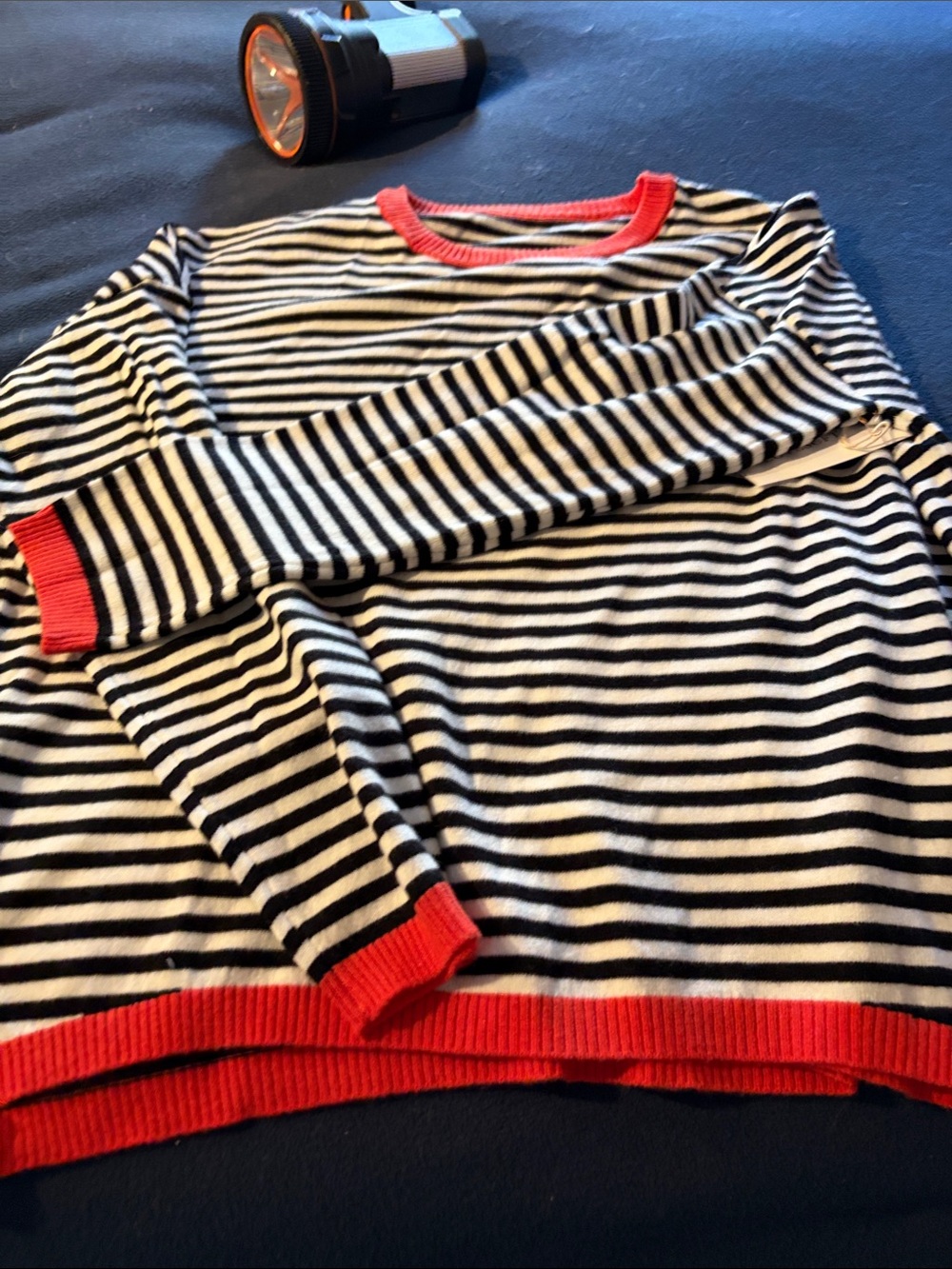 Striped Crewneck Sweater with Red Trim - Women